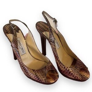 Jimmy Choo snakeskin peep toe, slingback sandals, Size 39.5